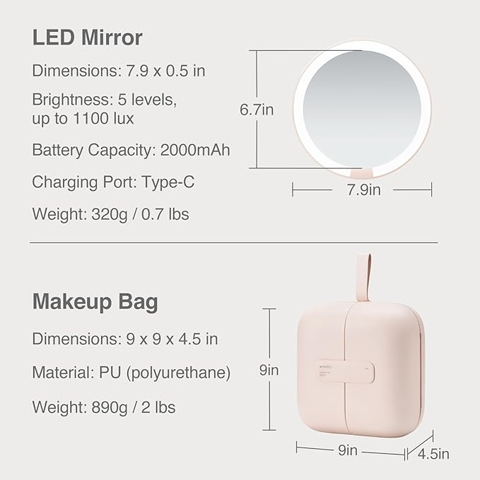 AMIRO M2 LumoCube Makeup Mirror with Bag - Portable LED Makeup Mirror with Lights, 5-Level Brightness, 3-Color Lights - Travel Makeup Organizer - Pink