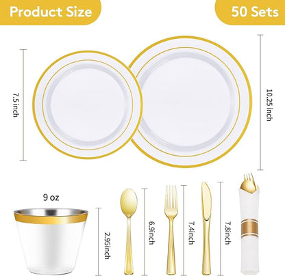 Goodluck 350 Piece Gold Plastic Dinnerware Set for 50 Guests, Fancy Disposable Plates for Party, Include: 50 Dinner Plates, 50 Dessert Plates, 50 Pre Rolled Napkins with Silverware, 50 Cups