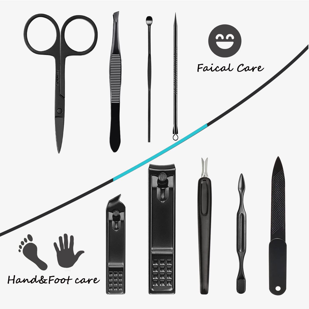 Manicure Set 9 in 1 Stainless Steel, Nail Clippers Scissors Pedicure Tools Kit - Portable Travel Grooming Kit for Men and Women with Leather Case (Blue-BIG Nail Clipper)
