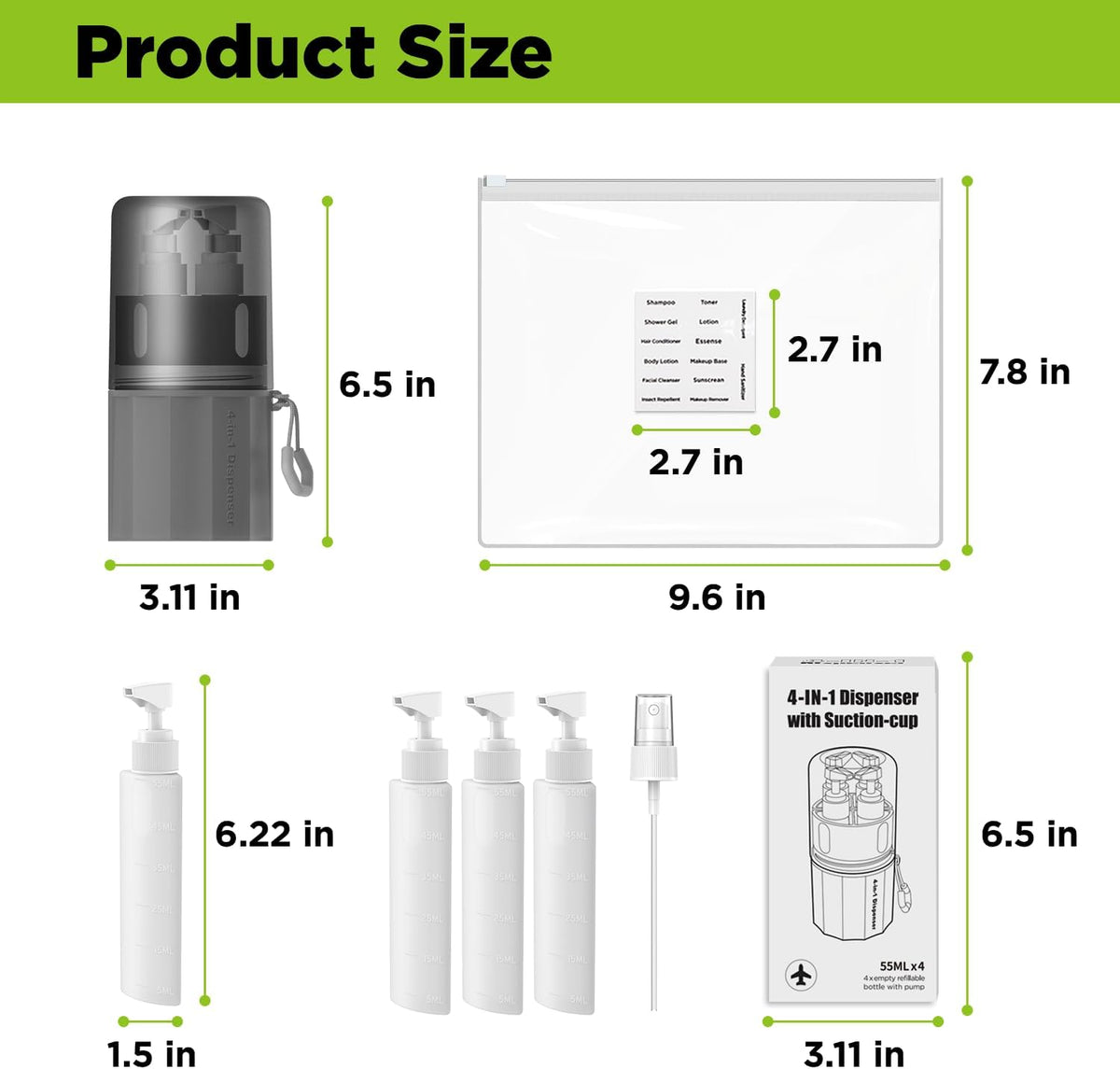 4 in 1 Travel Toiletry Containers,TSA Approved Refillable Travel Size Toiletries Bottles Set with Suction Cup for Smooth Walls - for Shampoo,Conditioner,Body Wash,Lotion.(Grey)