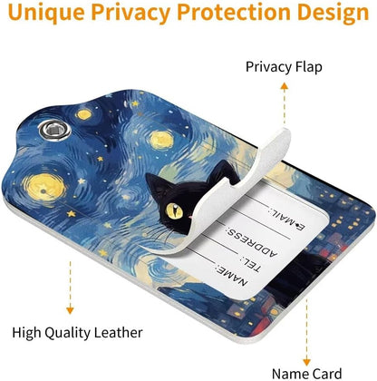 2 Pack Luggage Tag for Suitcase, Cute Unique Leather Bag Tags Identifiers Privacy Cover ID Label with Durable Steel Loop for Women Men Kids Girls Travel, Black cat Sky