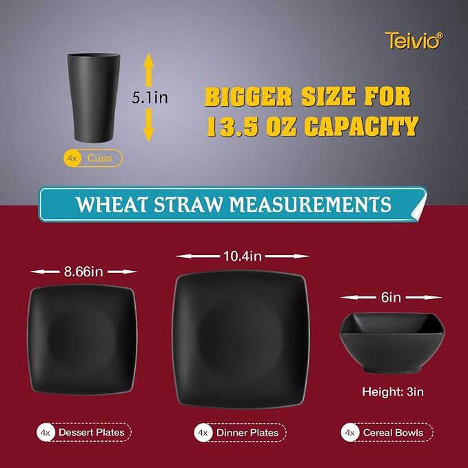 Teivio 16-piece Plastic Wheat Straw Square Dinnerware Set