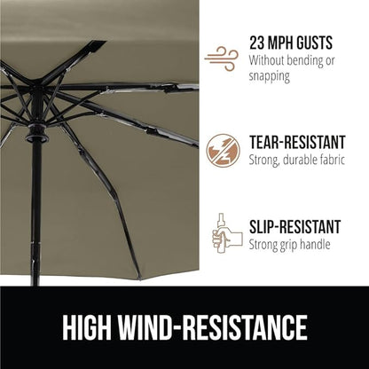GORILLA GRIP Strong Stick Umbrella for Rain, Compact Travel One-Click Automatic Open Close, Lightweight, Portable, US Designed Reinforced Fiberglass Ribs, Wind Resistant, Easy Collapse, Beige