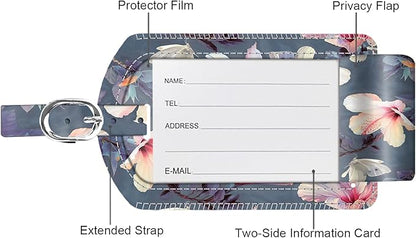 FINTIE 2 Pack Luggage Tags, Leather Name ID Labels with Privacy Cover for Travel Bag Suitcase, Theme - Blooming Hibiscus