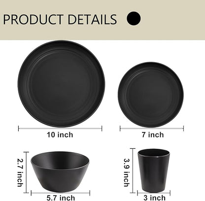 LIYH 48 Pcs Black Wheat Straw Plates and Bowls Dinnerware Set Camping Dish Set for 12, Plastic Plates and Bowls, Dishwasher Safe Dinnerware Sets, Unbreakable Plastic Camper Dishes Sets