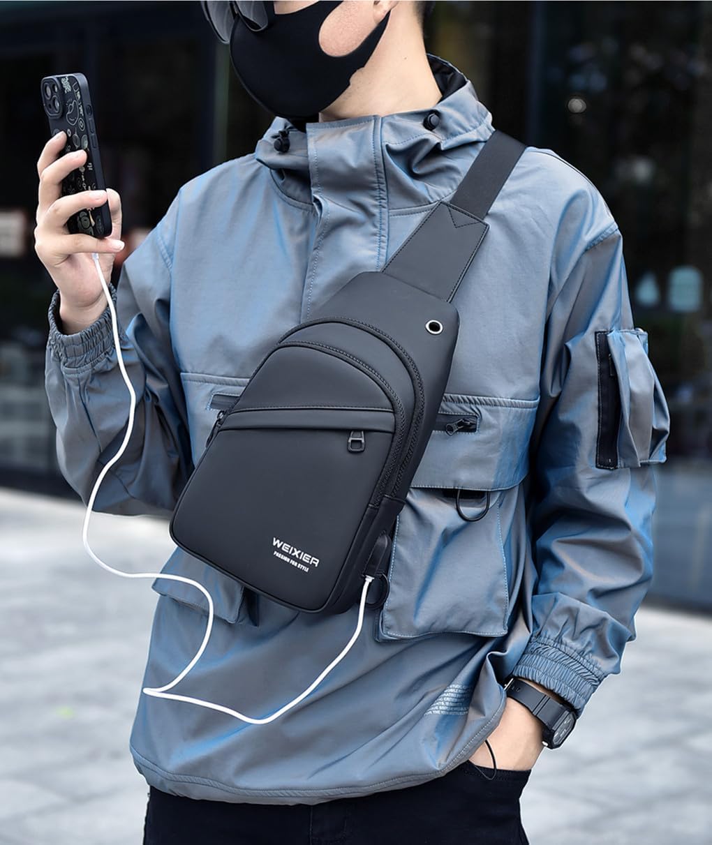 Waterproof Sling Bags Mens Shoulder Crossbody Backpack with USB Charging Port& Headphone,Outdoor Lightweight Bag
