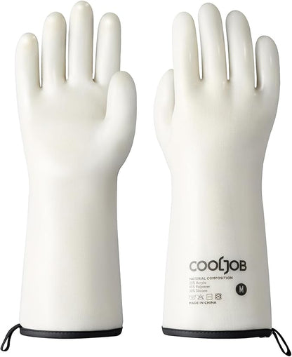COOLJOB Heat Resistant Oven Gloves, Waterproof Liquid Silicone BBQ Grilling Gloves for Barbecue, Kitchen Cleaning, Baking, Food Contact, White, Medium