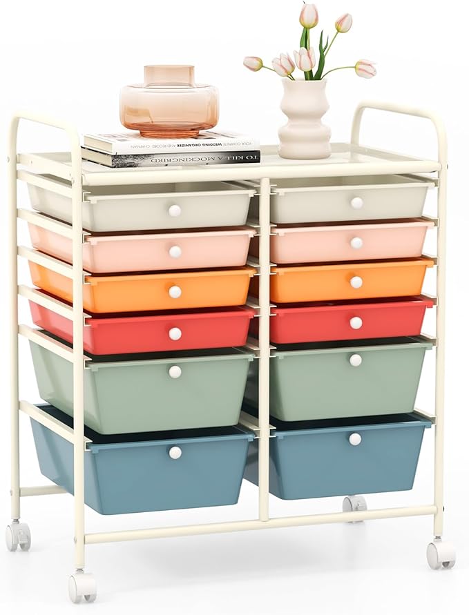 GOFLAME 12-Drawer Rolling Storage Cart, Multipurpose Organizer with 2 Sizes Plastic Drawers, Mobile Utility Cart with Lockable Casters for Home, Office, Beauty Salon, School, Macaron Color