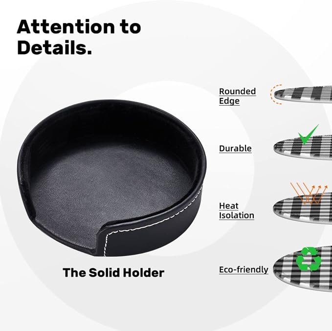6 Pcs Black White Striped Plaid Leather Coasters