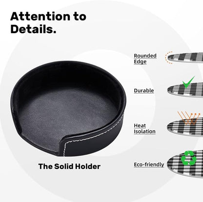 6 Pcs Black White Striped Plaid Leather Coasters