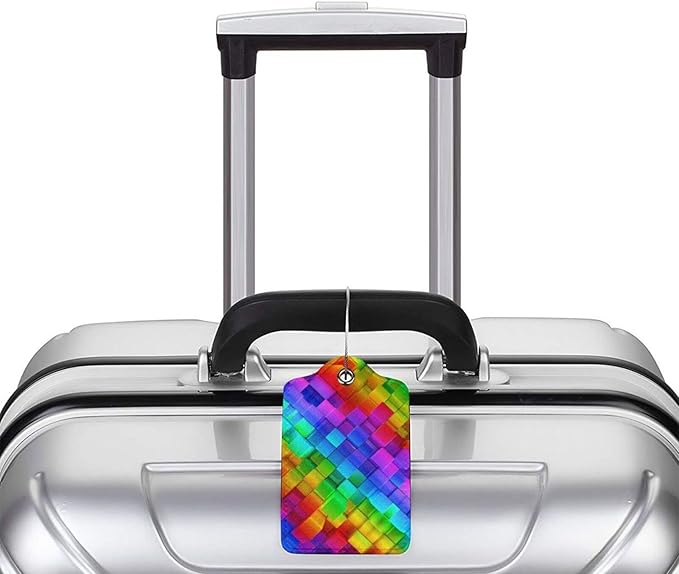 2 Pcs Colorful Geometric Luggage Tags for Suitcases, Bright Rainbow Leather Baggage Tags for Luggage with Privacy Name Address Identifiers Labels & Durable Steel Loop for Women Men Travel