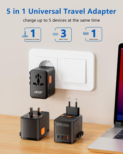 Acer 45W GaN Universal Travel Plug Adapter - International Power Adapter with 3 USB C & 1 USB A, Worldwide Power Outlet Travel Essentials for USA to European UK AUS Ireland, Type C/G/I/A, Black