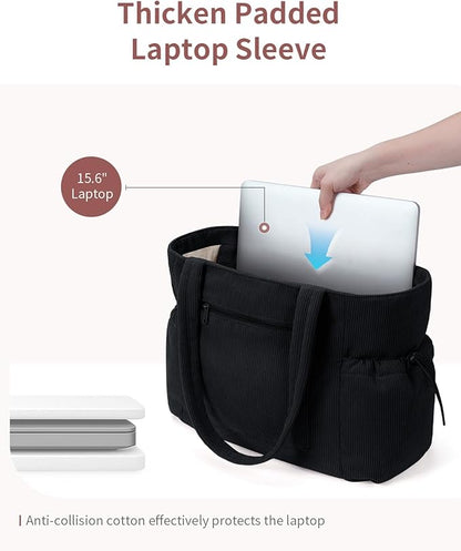 ECOHUB Tote Bag for Women, Work Tote Bags with Laptop Compartment, Large Corduroy Tote Bag with Stanley Cup Holder