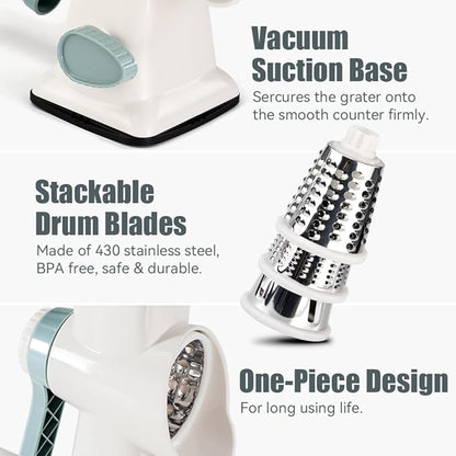 KEOUKE Rotary Cheese Grater Hand Crank White - Shredder Slicer Grinder 3 Stainless Steel Blades, Stable Suction, Labor-Saving Handle, Safe Kitchen Tool for Cheese, Vegetable, Nuts, Chocolate