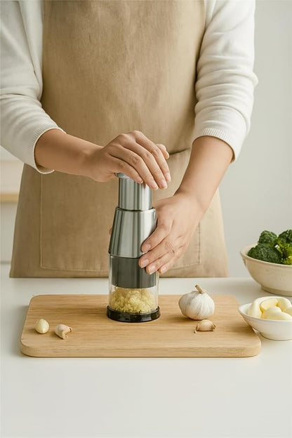 Stainless Steel Garlic Press Mincer with Comfortable Grip, Built-in Spring, 6.3 Inch Height, Clear Collection Cup