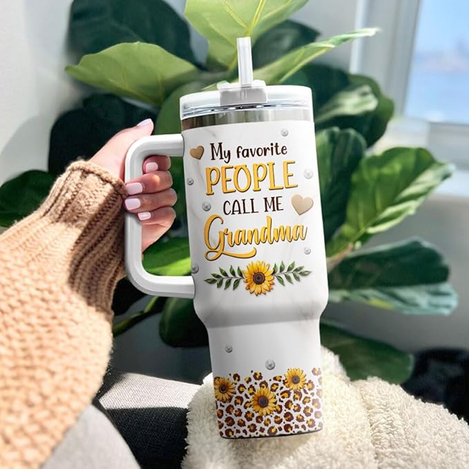 Nana Tumblers Handle Heart Daisy Cup Cups Coffee Print Black For Granny, Grandma Gifts, Tumbler 40 Oz With Handle Lid And Straw, Grandma Carving Rainbow Leopard Sunflower