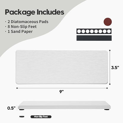 2PCS Bathroom Sink Trays, Water Absorbing Diatomite Stone Quick Drying Mat for Kitchen Counter, Dish Rack Soap Dispenser Sponge Holder Caddy Vanity Organizer, White, 9"x3.5"