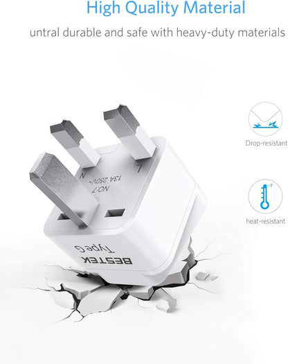 BESTEK UK Travel Plug Adapter Set, Grounded Universal Power Plug Adapter for USA to Type G Countries, UK, Ireland, Hong Kong and More-3 Packs