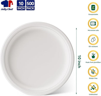 JOLLY CHEF Compostable Heavy Duty Plates 𝟭𝟬 𝗜𝗻𝗰𝗵 [𝟱𝟬𝟬 𝗣𝗮𝗰𝗸] Eco-Friendly Disposable White Paper Plates Made of Bagasse Biodegradable Bulk for Party Dinner Sugarcane Thanksgiving Day