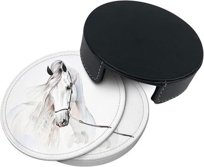 6 Pcs White Horse Animal Leather Coasters
