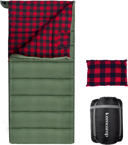 0 Degree Sleeping Bag Cotton Flannel Winter Cold Weather for Adults XXL Sleeping Bag 4 Season Big and Tall with Pillow Compression Sack