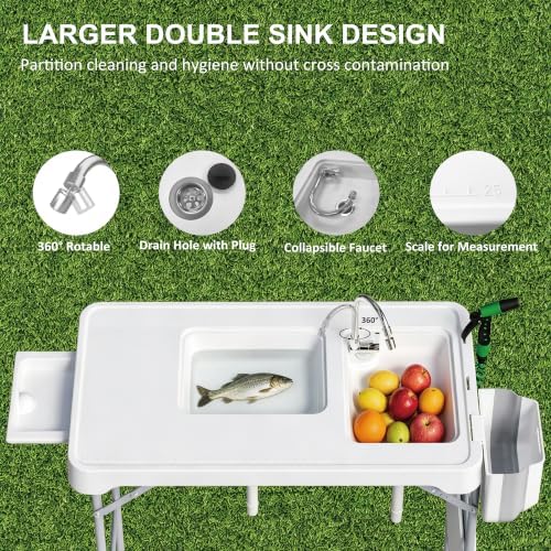 Fish Cleaning Table with 2 Sinks for Picnic, Beach, Dock & Patio Use