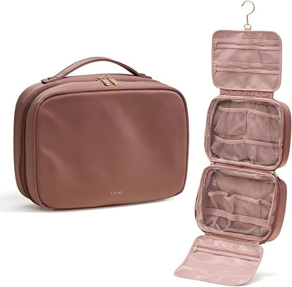 EACHY Hanging Toiletry Bag, Satin 4 Compartments Travel Toiletry Bags for Women, Large Capacity Make Up Organizer Bag with Handle & Compartments (Rose-Pink, L)