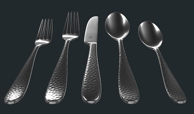 Matte Silverware Set, 18/10 Stainless Steel Satin Flatware, Modern Brushed Finish Cutlery, Dishwasher Safe & Durable, Built to Last (60-Piece, Fidenza Hammered)