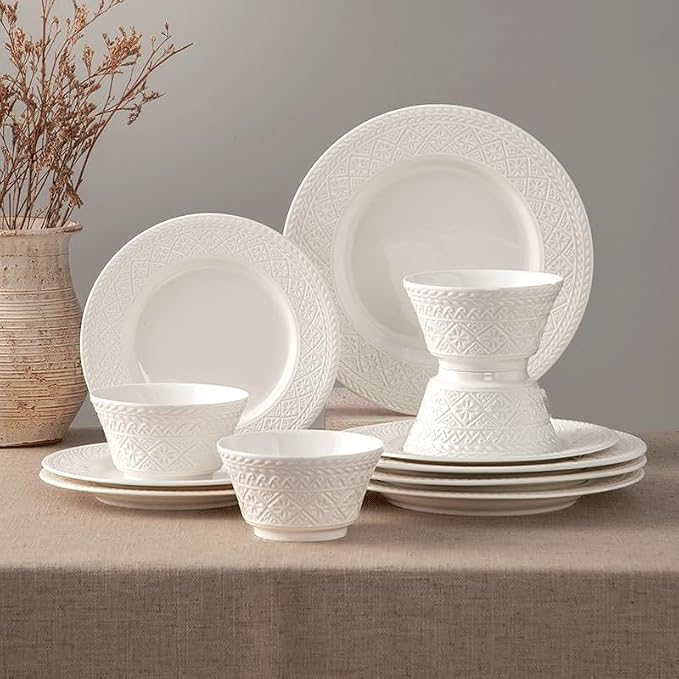 4-piece set, embossed design plate and bowl set, microwave and dishwasher