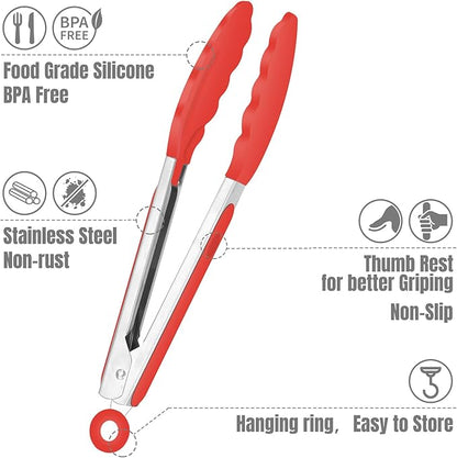 Hotec Mini Silicone Kitchen Tongs for Cooking - 7-Inch Small Serving Tongs with Silicone Tips, Set of 3 (Red,Blue,Green)