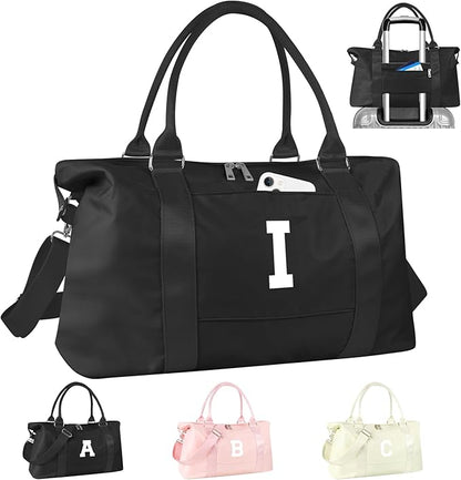 Initial Travel Duffel Bag Sports Gym Bag for Boys Teen Birthday Gifts,Black Personalized Weekender Bag Carry On Tote Bags for Men,Waterproof Overnight Luggage Bag Airplane Travel Essentials(Letter I)