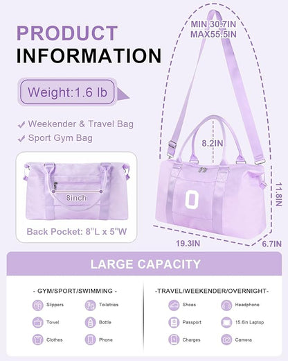 Daughter Niece Gifts for Teen Girl Kids, Initial Travel Duffel Bag Sports Gym Bag Personalized Gifts Weekender Bag，Monogram Overnight Bag Cute Dance Bag Birthday Bridesmaid Gifts for Women(Purple, O)