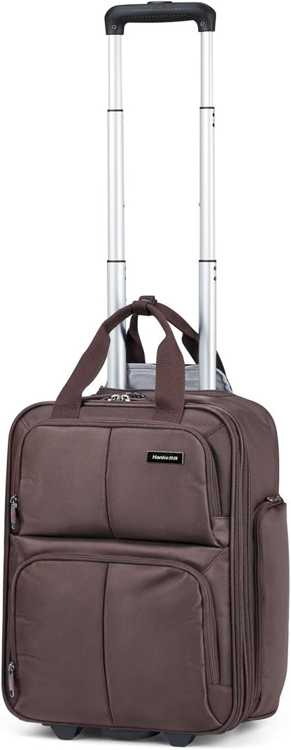 Hanke Softside Underseat Carry On Luggage with Wheels,Travel Luggage Rolling Bag Small Suitcase，Coffee, Underseater 16-Inch