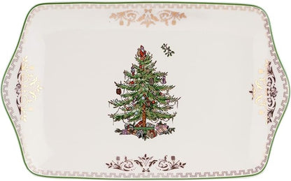 Spode Christmas Tree Gold Dessert Tray - 12" Fine Porcelain Festive Serving Platter with Red Ribbons, Holiday Collectible Dish for Entertaining & Desserts - Winter Holiday Serveware Gift