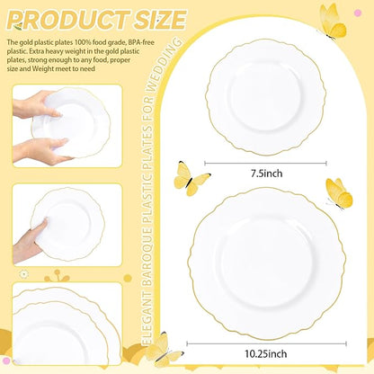 WDF 30Guest Gold Plastic Plates - High-end Baroque Design - 10.25&7.5in Wedding White and Gold Plates Disposable for Christmas Parties/Wedding