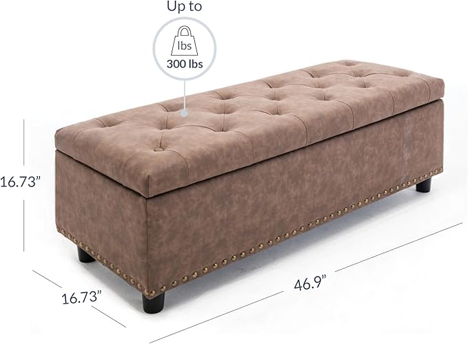 BELLEZE 47" Storage Ottoman, Storage Bench with Safety Close Hinge, Faux Leather Button-Tufted Ottoman for Living Room, Entryway, Hallway, Foot Rest, Support 300lbs - Rustic Brown
