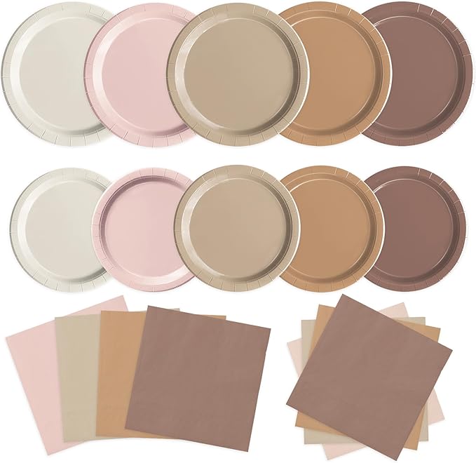 Oigco 60 PCS Brown Paper Plates Boho Baby Shower Decorations Gradient Brown