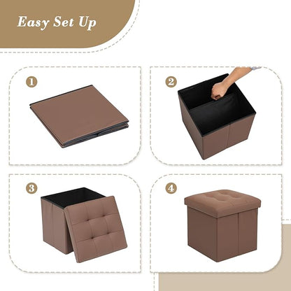 Athena Collection 15" Storage Ottoman Bench Folding Bench with 40L Hidden Storage, Small Cube Ottoman PU Leather Foot Rest Stool Chest with Flipping Lid for Living Room, Bedroom, Entryway, Brown