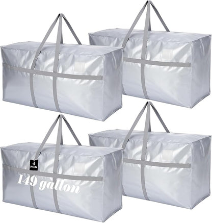 4 Pcs 149 Gallon Large Moving Bags with Zipper and Handles Foldable Storage Duffle Bags Heavy Duty Extra Large Totes for College Dorm Travel Clothes Blankets Bedding Moving (Silver)