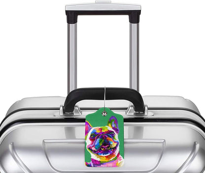 Cute French Bull Dog Luggage Tags for Boys Girls Adults, Set of 2 Stylish Art Colors Animal on Green Background Leather Stainless Steel Loop Label Tag for Travel Bag Suitcase