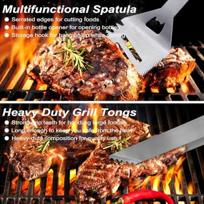 POLIGO 29 PCS BBQ Grill Accessories Stainless Steel BBQ Tools Grilling Tools Set with Storage Bag for Fathers Day Dads Birthday Presents - Camping Grill Utensils Set Ideal Grilling Gift for Men Silver
