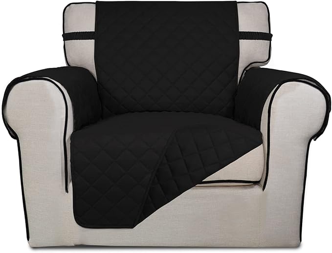 PureFit Reversible Quilted Sofa Cover, Water Resistant Slipcover Furniture Protector, Washable Couch Cover with Non Slip and Elastic Straps for Kids, Pets (Chair, Black/Black)