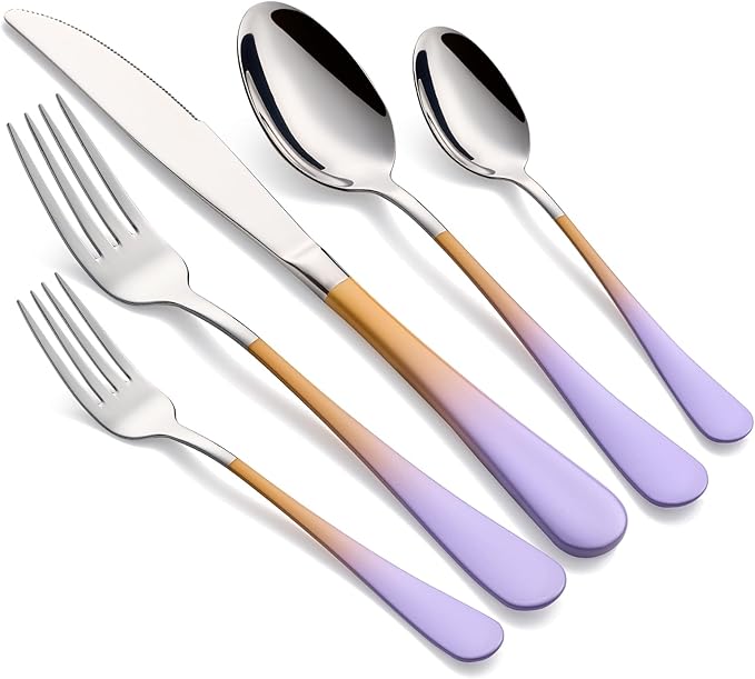 Colorful Silverware Set 20 Piece 18/0 Stainless Steel Flatware Purple and Orange Handle Cutlery Set Service for 4 Fork Knife Spoon Set Mirror Finish Dishwasher Safe