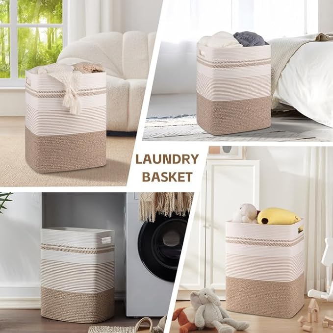 Laundry Hamper, Large Woven Rope Tall Laundry Basket with Handles, 22" X 17" X 13", Decorative Storage Basket for Clothes and Blankets in Living room, Bedroom, Brown Variegated