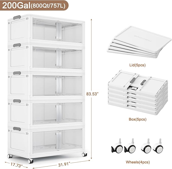 BROVIEW 800QT Stackable Storage Bins with Lids, 200Gal Extra Large Collapsible Storage Box with Wheel, Plastic Storages with Clear Door Open Front for Home Kitchen Garage, White-5pack(5 lids)