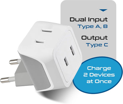 Ceptics European Travel Plug Adapter Europe Power Adaptor Charger Dual Input - Ultra Compact - Light Weight - USA to any Type C Countries such as Italy, Iceland, Austria and More (CT-9C), white