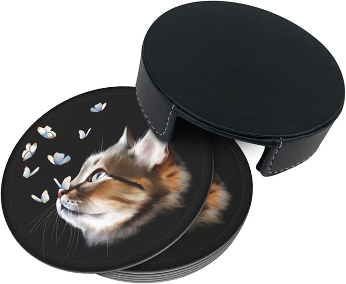 6 Pcs Portrait Cat with Butterflies Leather Coasters