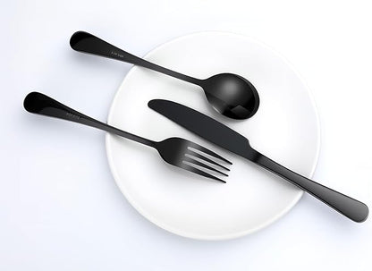 24 Pcs Balck Silverware Set for 4, Food-Grade Stainless Steel Flatware Set,Mirror Polished Cutlery Utensil Set, Include Steak Knife Fork and Spoo, Dishwasher Safe
