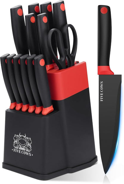 14 Pcs Kitchen Knife Block Set with Sharpener German High Carbon Stainless Steel Chef Knives, Razor-Sharp & Durable, Lightweight Anti-Slip Handle, Professional Set for Home & Kitchen (Red)