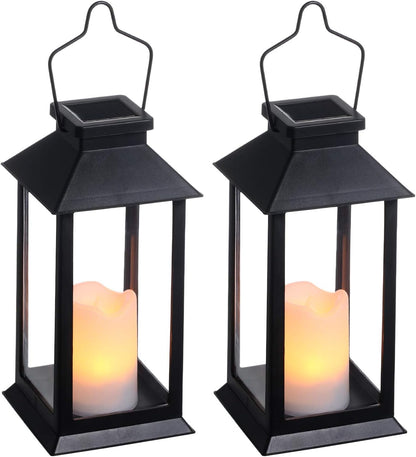 2 Pack Solar Lanterns, Outdoor Garden Hanging Lanterns, 11.8 Inch LED Flickering Flameless Candle Mission Lights for Yard, Table, Patio (Black)